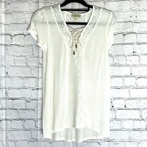 ⭐️ One World white sheer short sleeve pullover lace up bow neckline women S